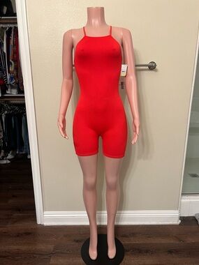 Red Ribbed Halter-Neck Romper. Size M
